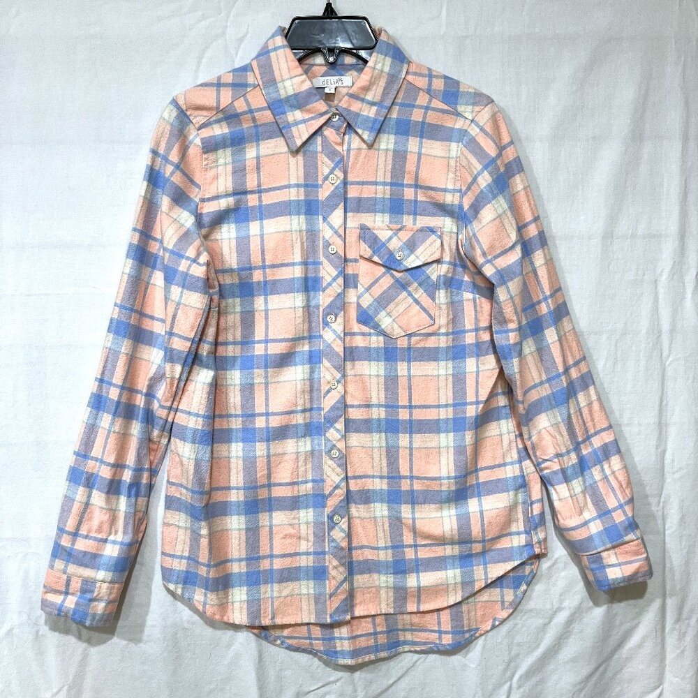 Delia's Women Pink + Blue Flannel Shirt, Size Small